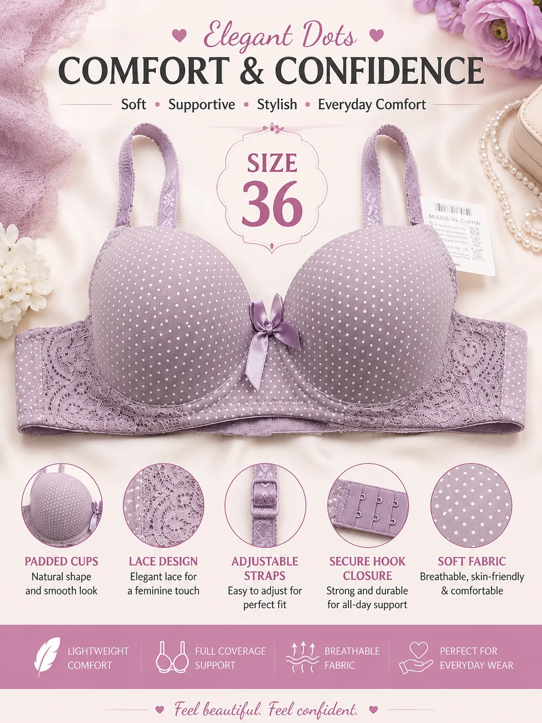 Women's Polka Dot Padded Bra | Soft Lace Comfort | Size 32,34,36,38