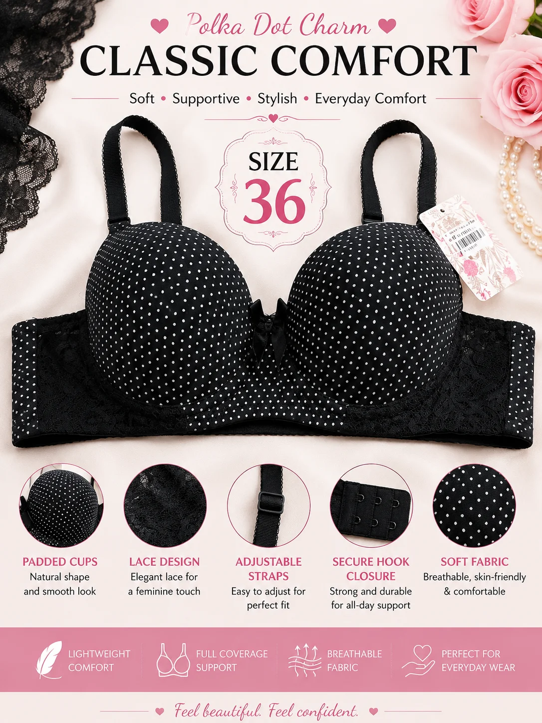 Women's Polka Dot Padded Bra | Soft Lace Comfort | Size 32,34,36,38