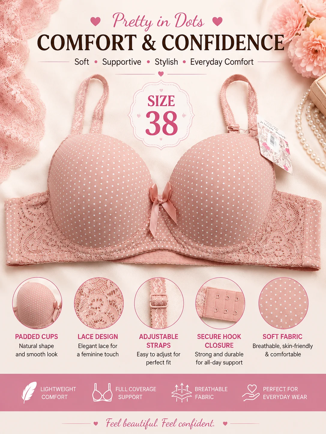 Women's Polka Dot Padded Bra | Soft Lace Comfort | Size 32,34,36,38