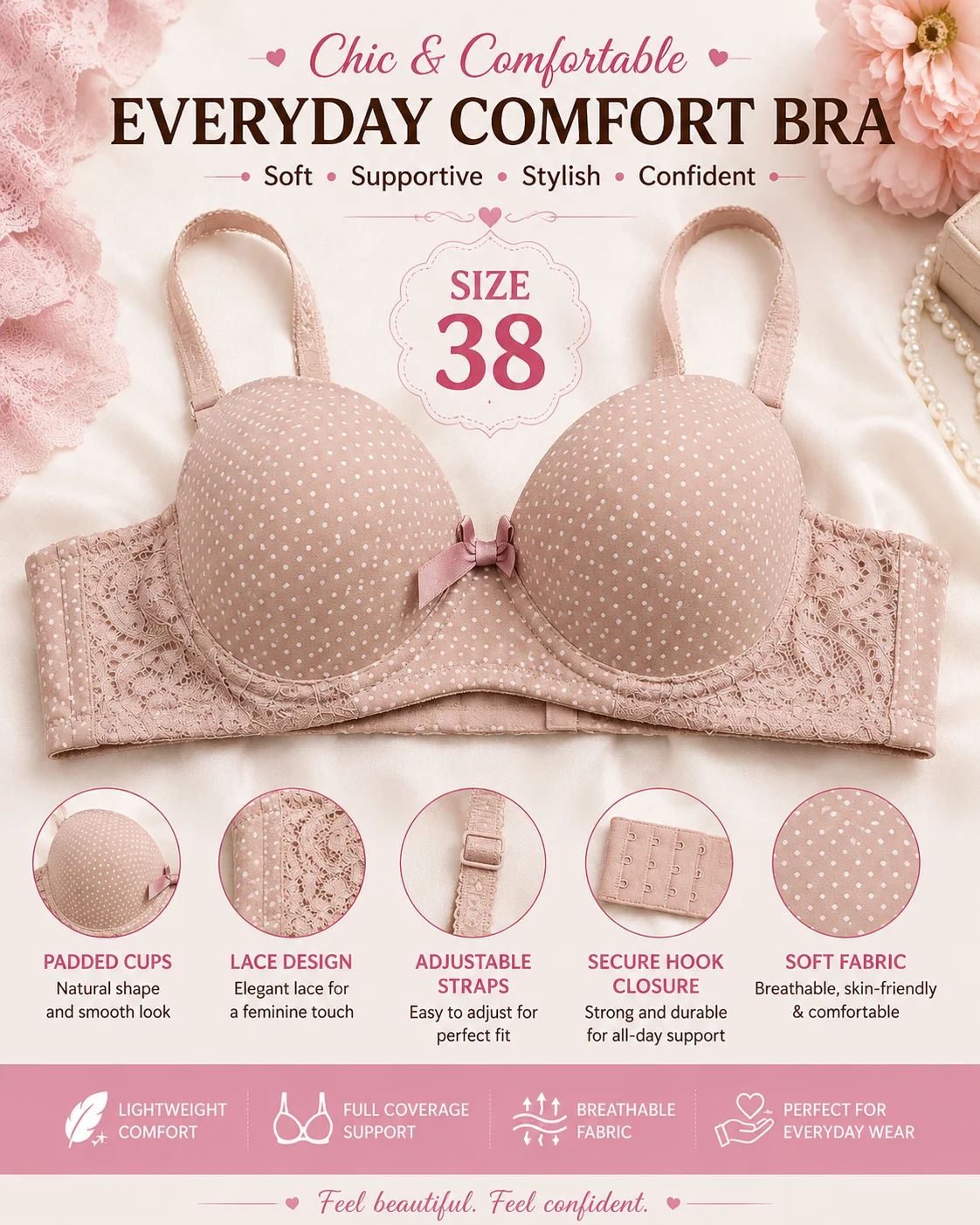 Women's Polka Dot Padded Bra | Soft Lace Comfort | Size 32,34,36,38