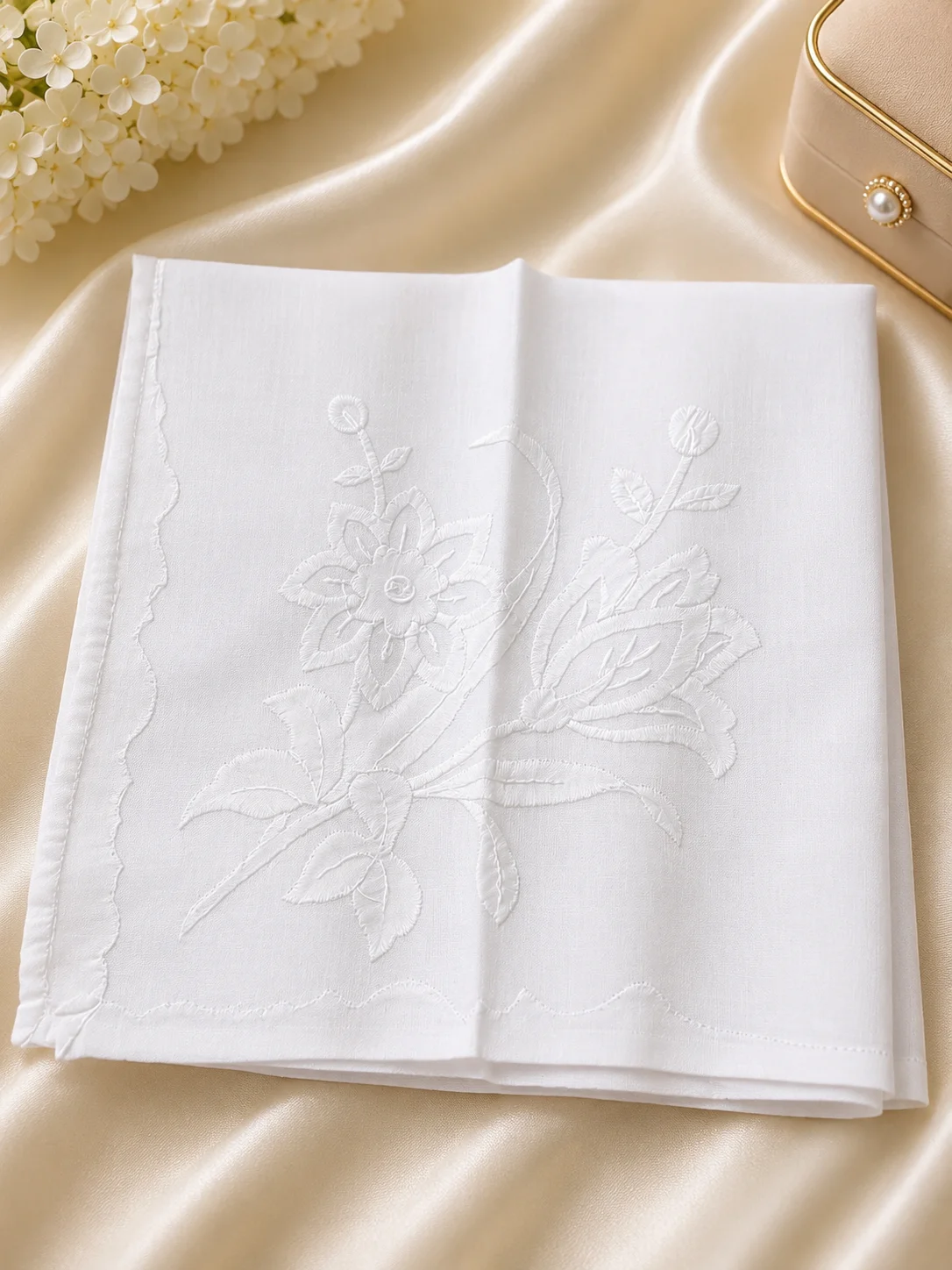 Ladies White Embroidered Cotton Handkerchief