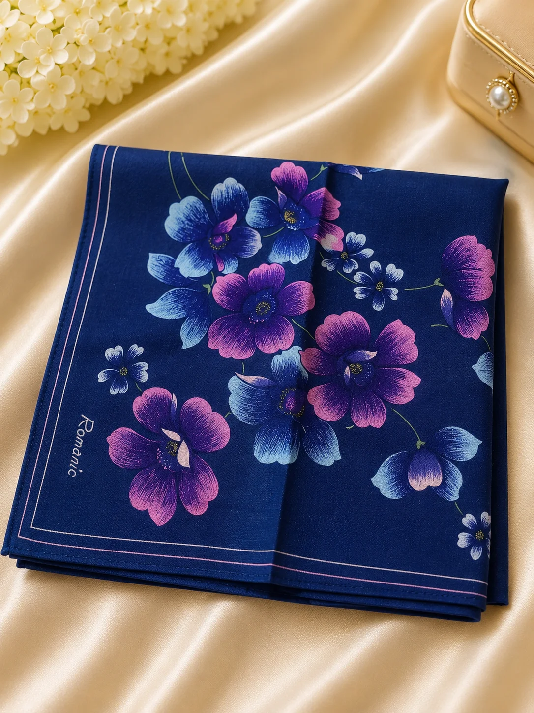 Ladies Floral Cotton Handkerchief – Navy Blue Blossom Print