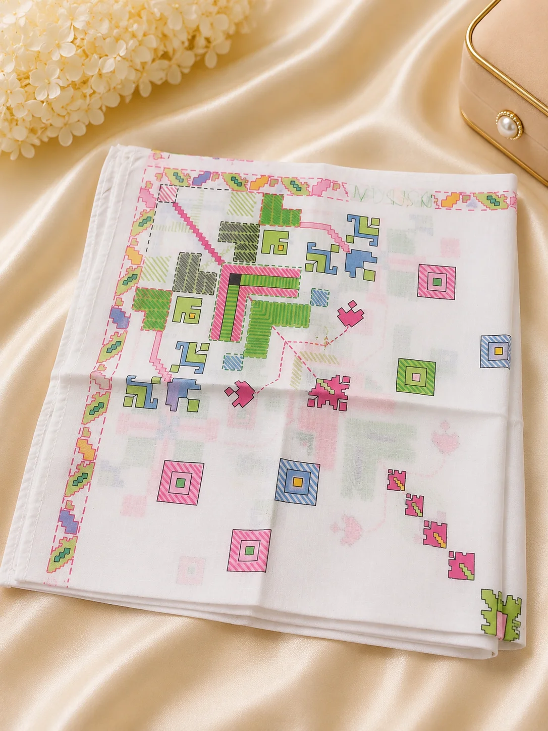 Premium Ladies Cotton Handkerchief – White Geometric Print