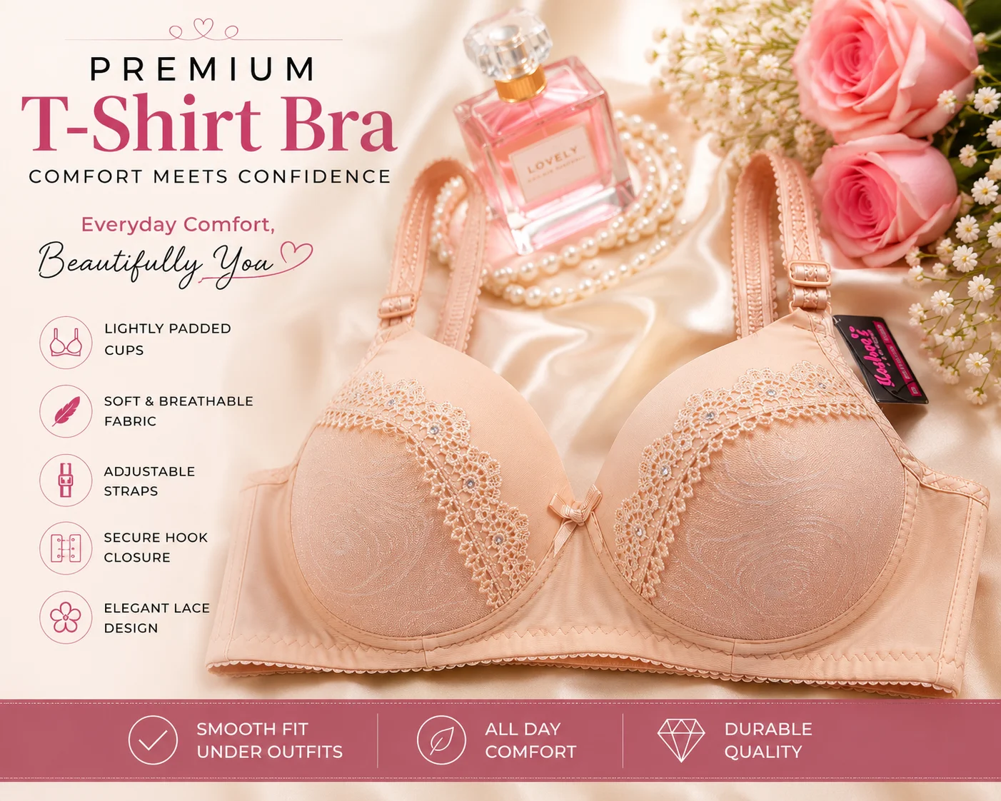 Elegant Lace Padded T-Shirt Bra – Soft Comfort Everyday Wear