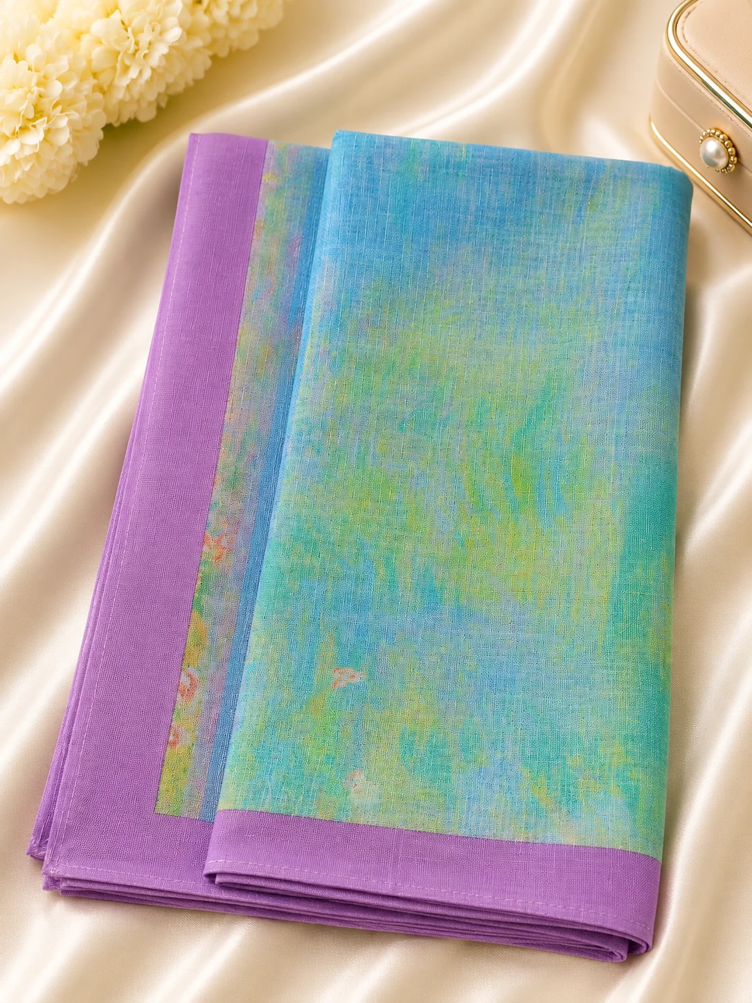 Soft Cotton Ladies Handkerchief – Aqua Blue & Lavender Border