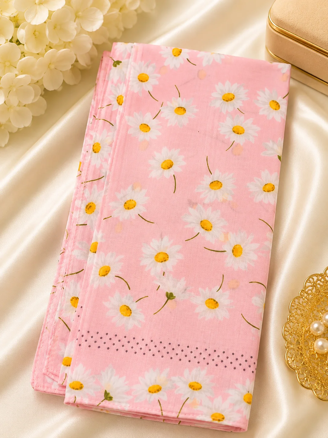 Premium Pink Daisy Floral Cotton Ladies Handkerchief