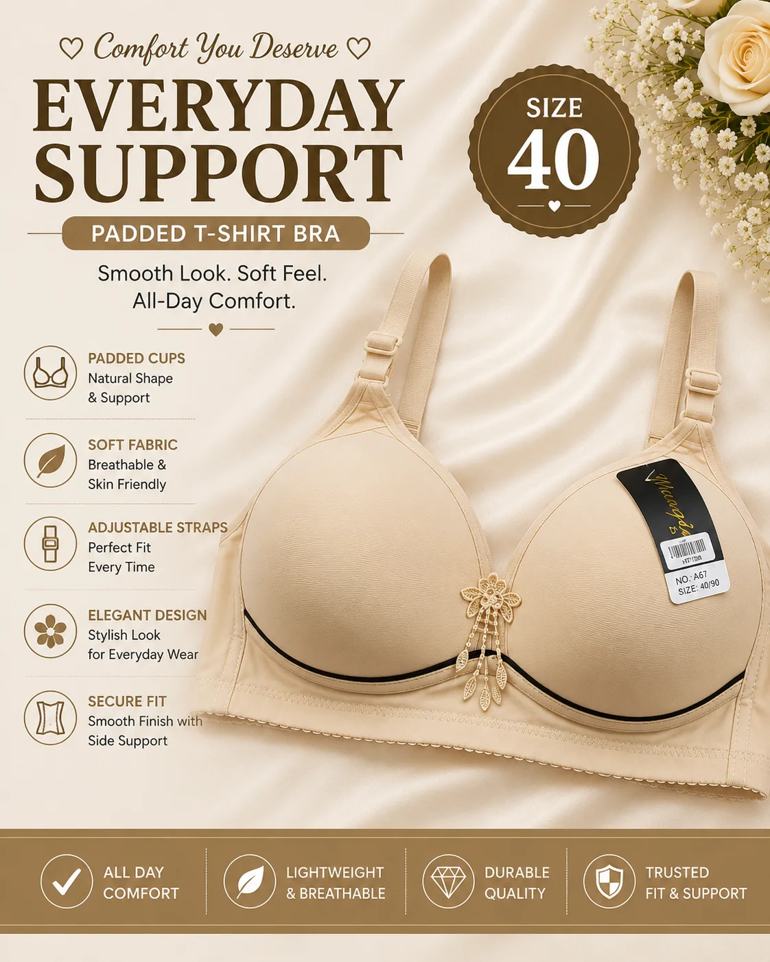 6 Colors Premium Padded Wireless Bra – Soft Comfort Everyday Wear | Size 40,44,42,38