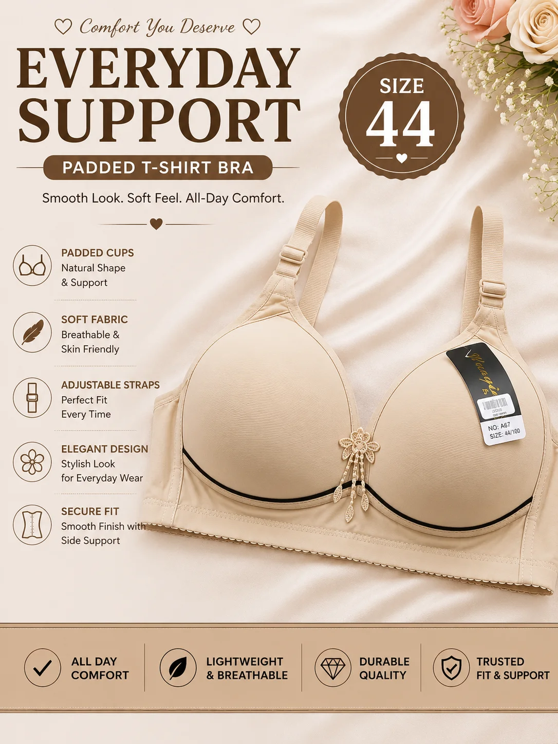 6 Colors Premium Padded Wireless Bra – Soft Comfort Everyday Wear | Size 40,44,42,38