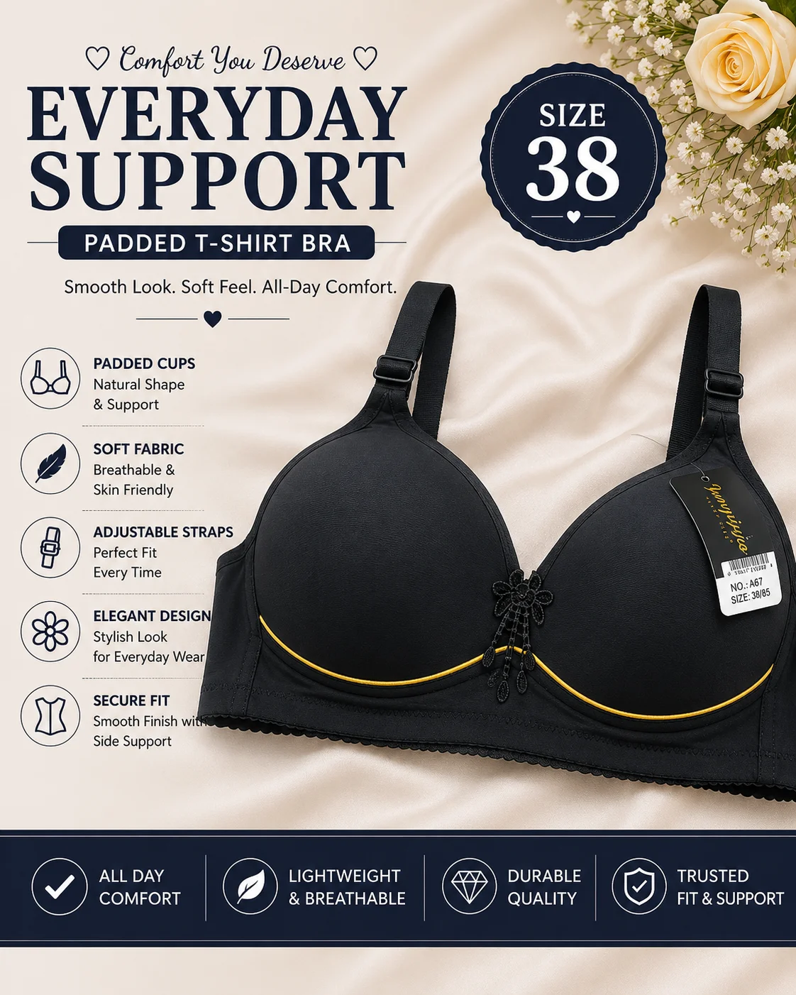 6 Colors Premium Padded Wireless Bra – Soft Comfort Everyday Wear | Size 40,44,42,38