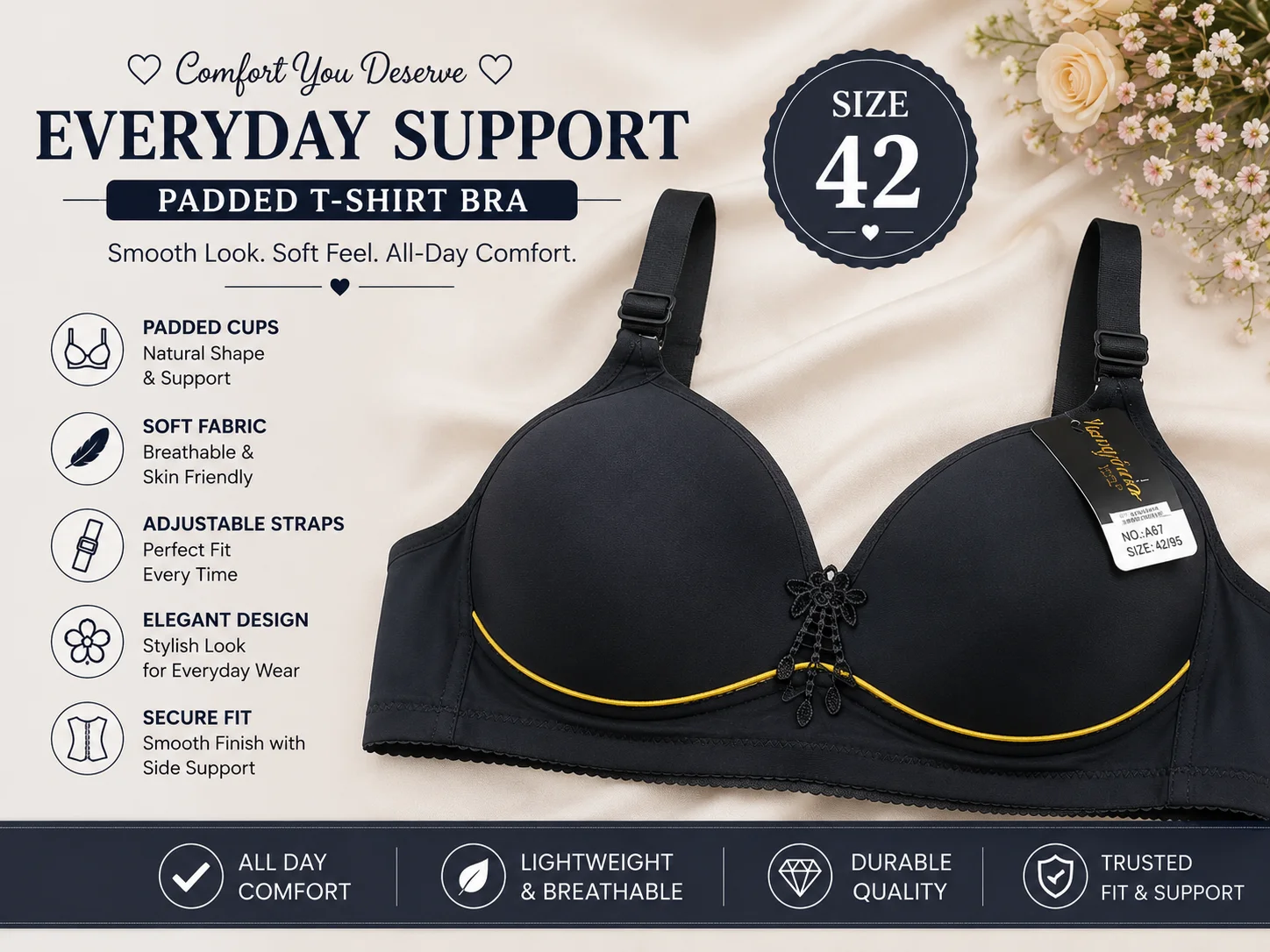 6 Colors Premium Padded Wireless Bra – Soft Comfort Everyday Wear | Size 40,44,42,38