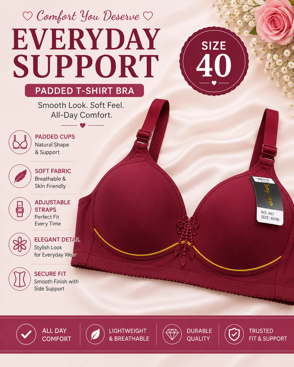 6 Colors Premium Padded Wireless Bra – Soft Comfort Everyday Wear | Size 40,44,42,38