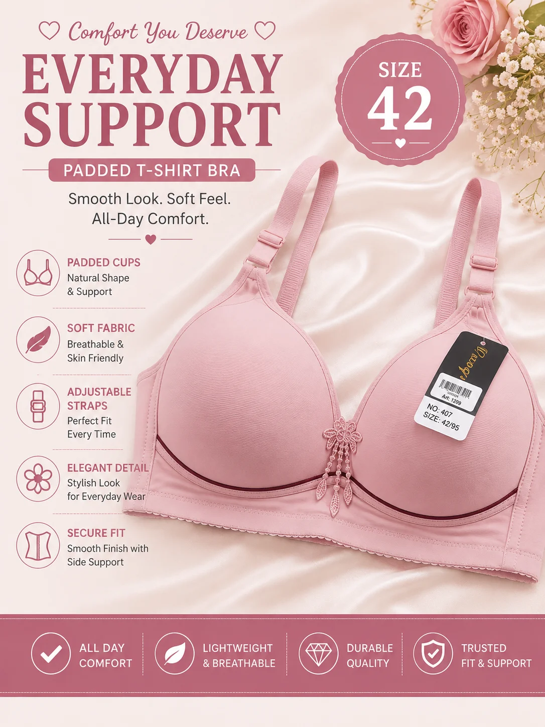6 Colors Premium Padded Wireless Bra – Soft Comfort Everyday Wear | Size 40,44,42,38