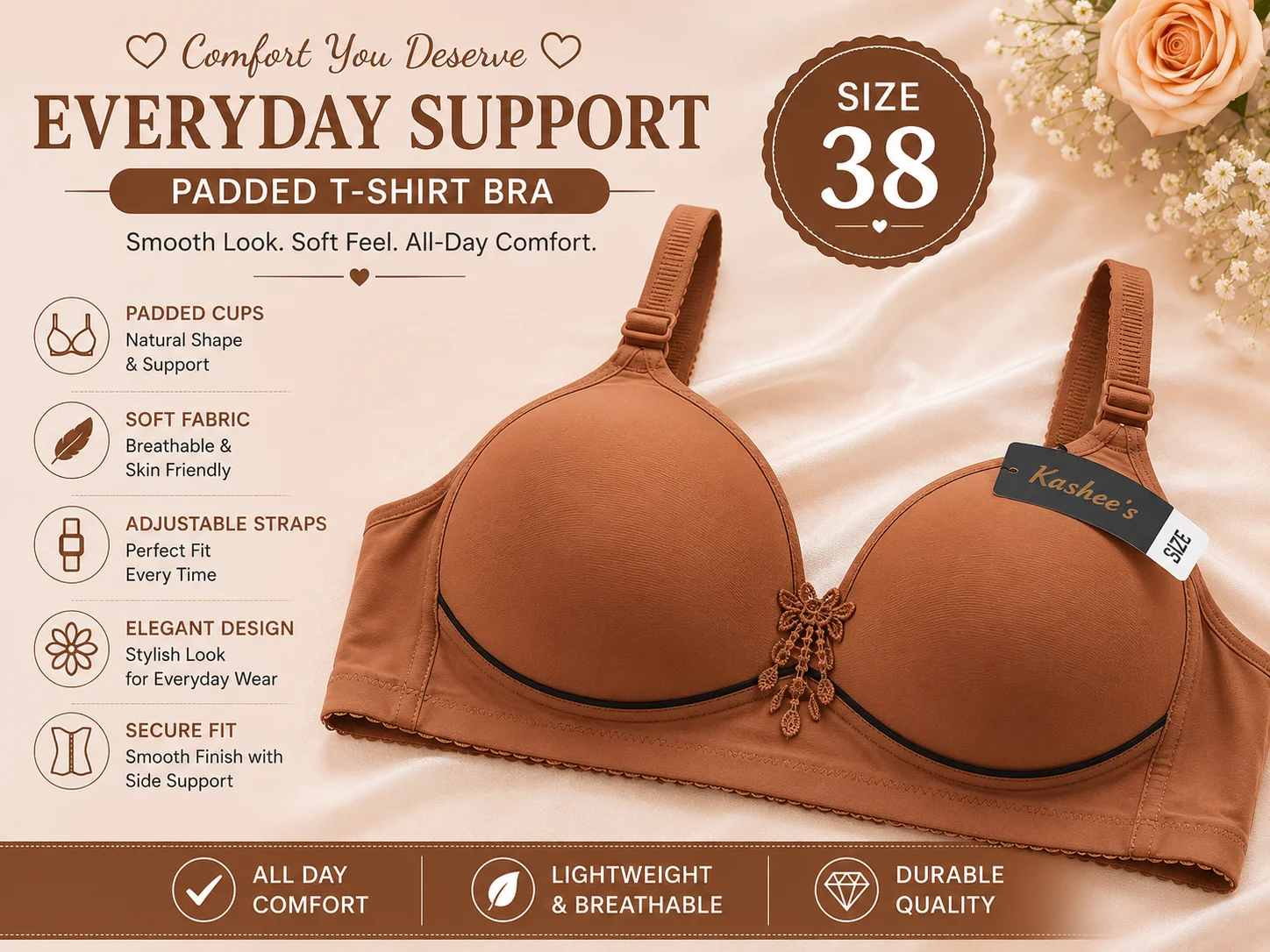 6 Colors Premium Padded Wireless Bra – Soft Comfort Everyday Wear | Size 40,44,42,38