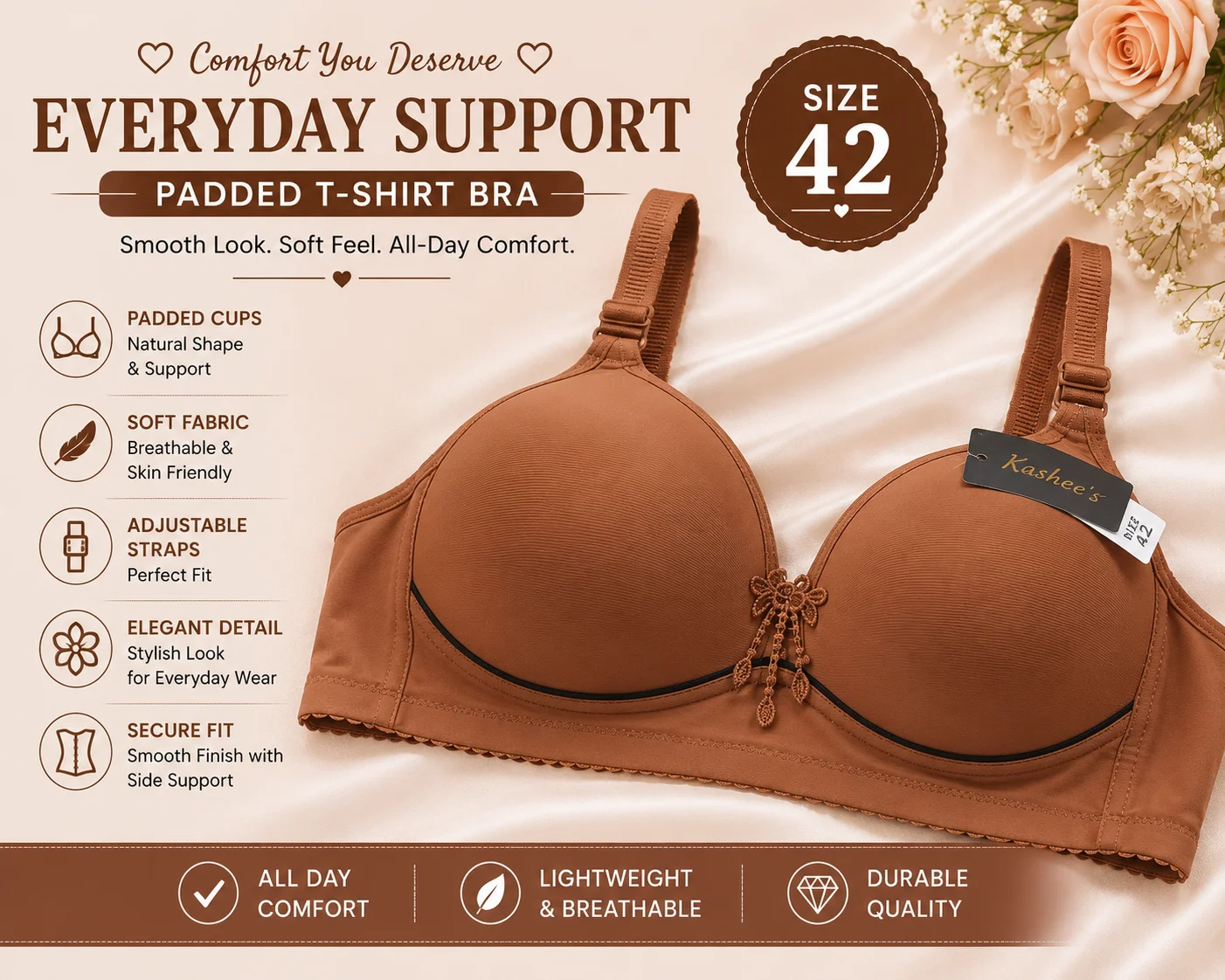 6 Colors Premium Padded Wireless Bra – Soft Comfort Everyday Wear | Size 40,44,42,38
