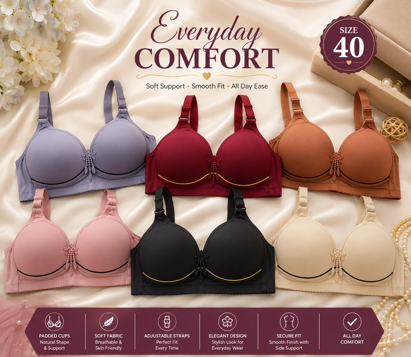 6 Colors Premium Padded Wireless Bra – Soft Comfort Everyday Wear | Size 40,44,42,38