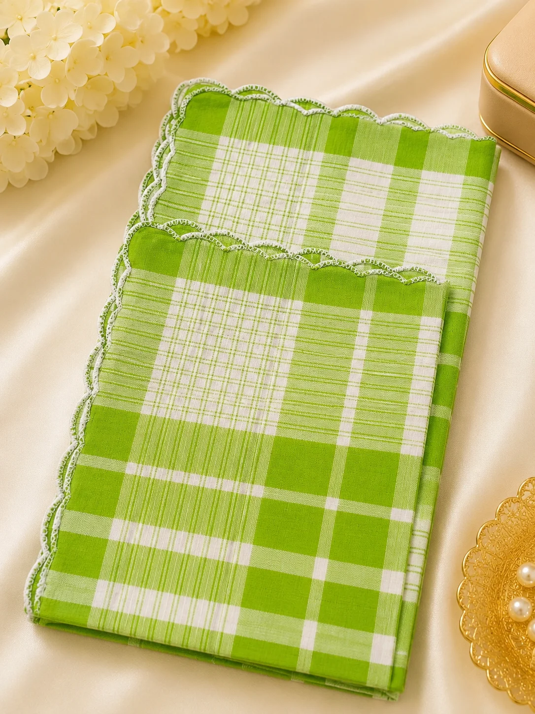 Green Checkered Cotton Ladies Handkerchief