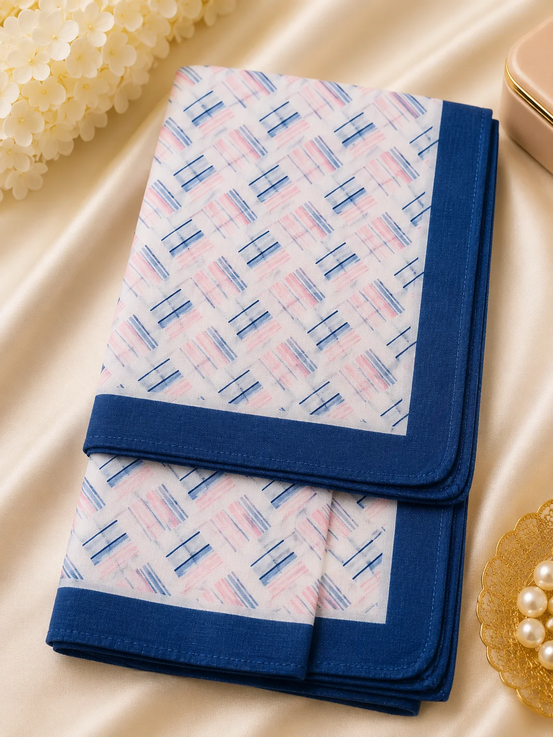 White & Navy Geometric Cotton Ladies Handkerchief