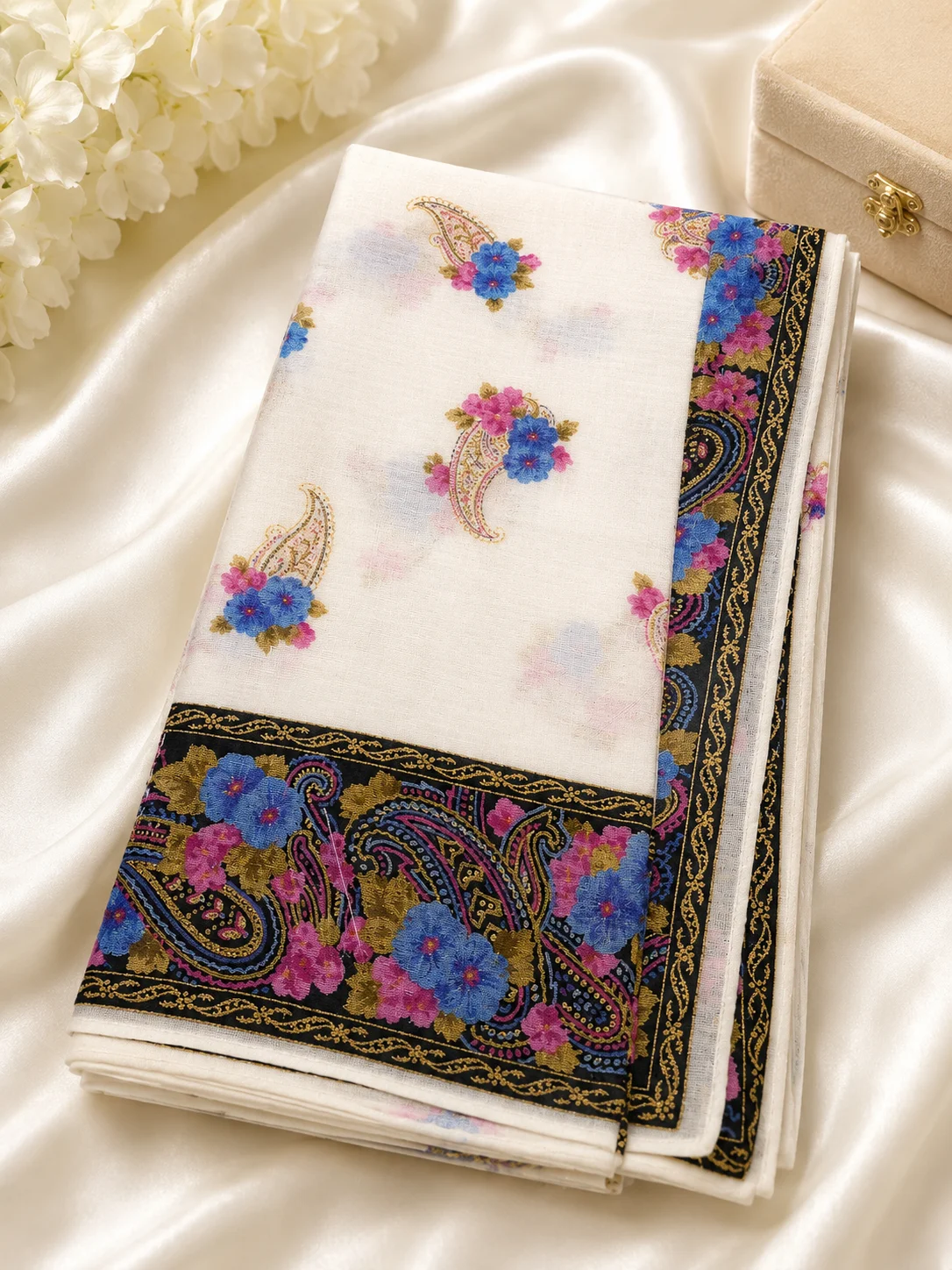Elegant Floral Paisley Printed HAND – White with Multicolor Border