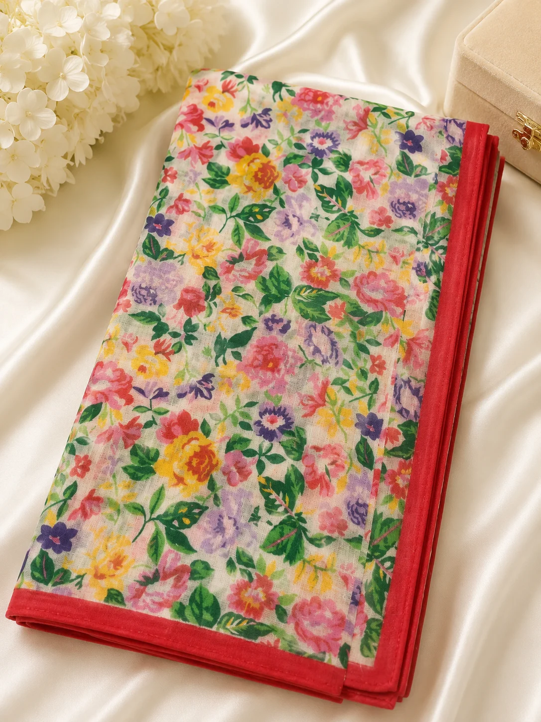 Multicolor Floral Printed Handkerchief with Red Border