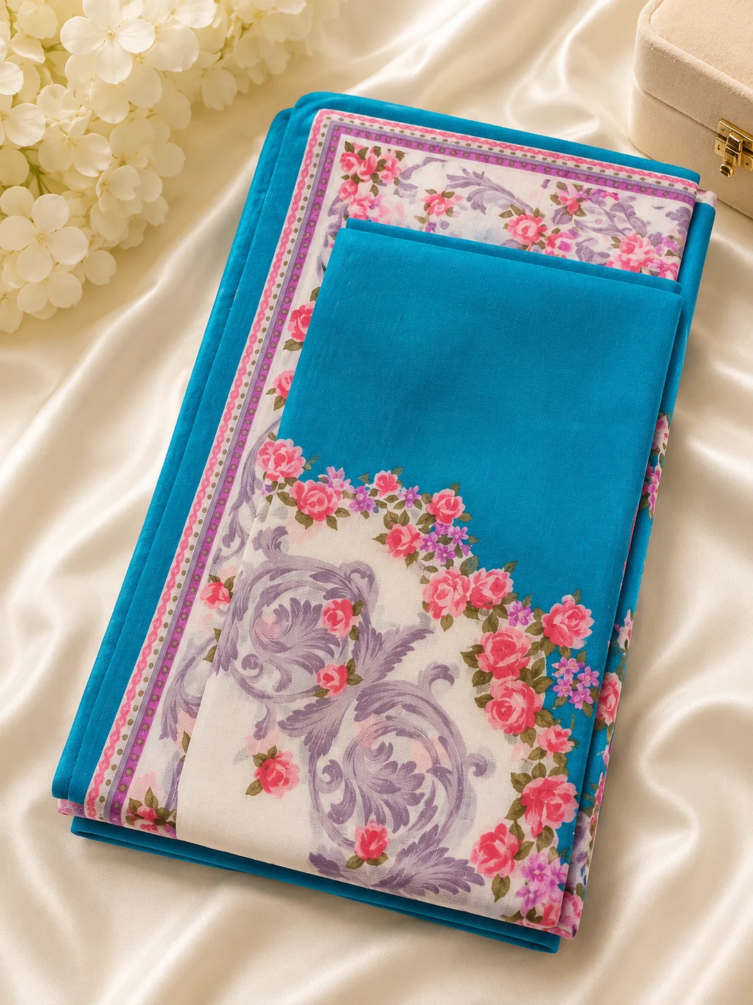 Elegant Turquoise Blue Floral Printed Handkerchief