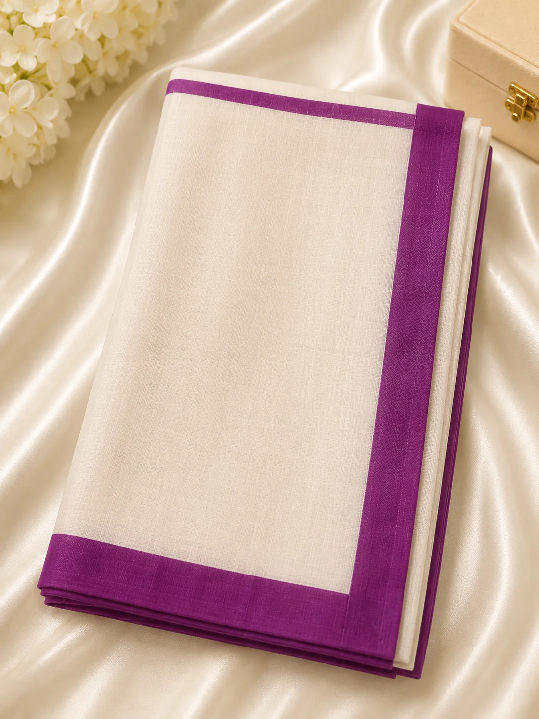 Elegant White Handkerchief with Purple Border