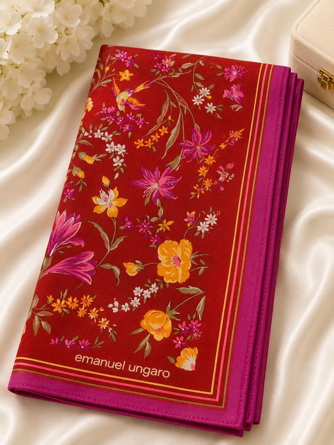 Elegant Red Floral Printed Handkerchief with Pink Border