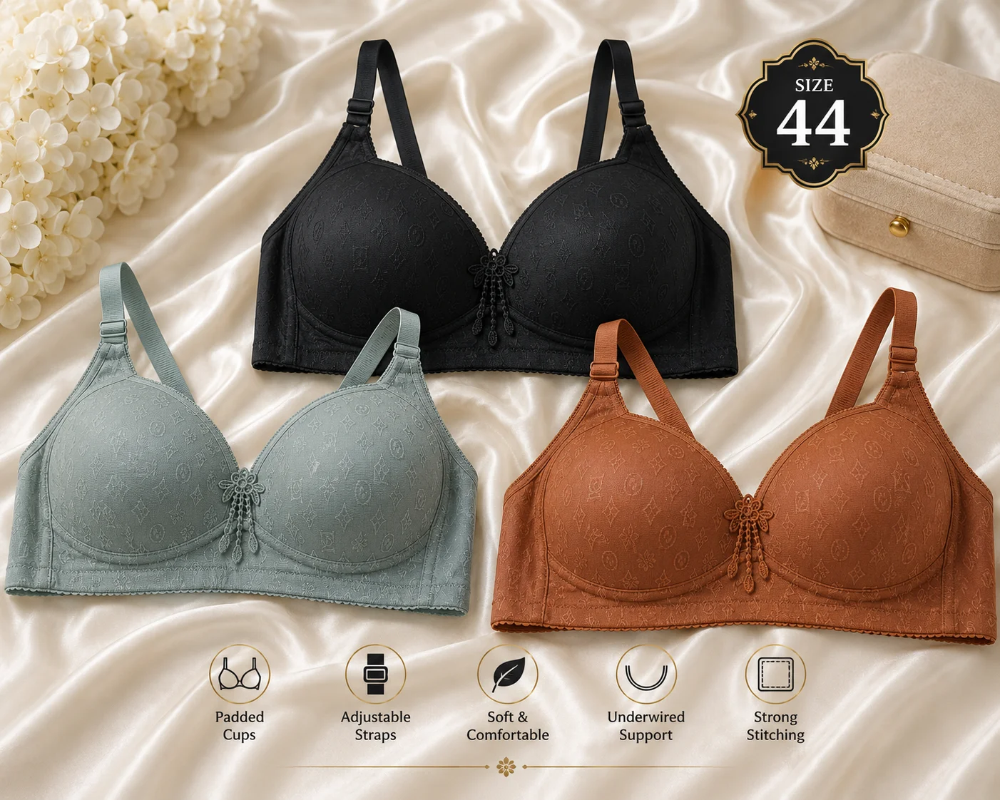 Women's Premium Padded Wire-Free Bra – Soft Comfortable Everyday Bra (3 Colors) | Size 38,40,42,44