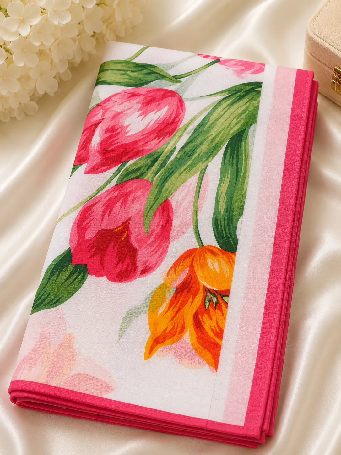 Elegant Multicolor Tulip Floral Printed Handkerchief with Pink Border