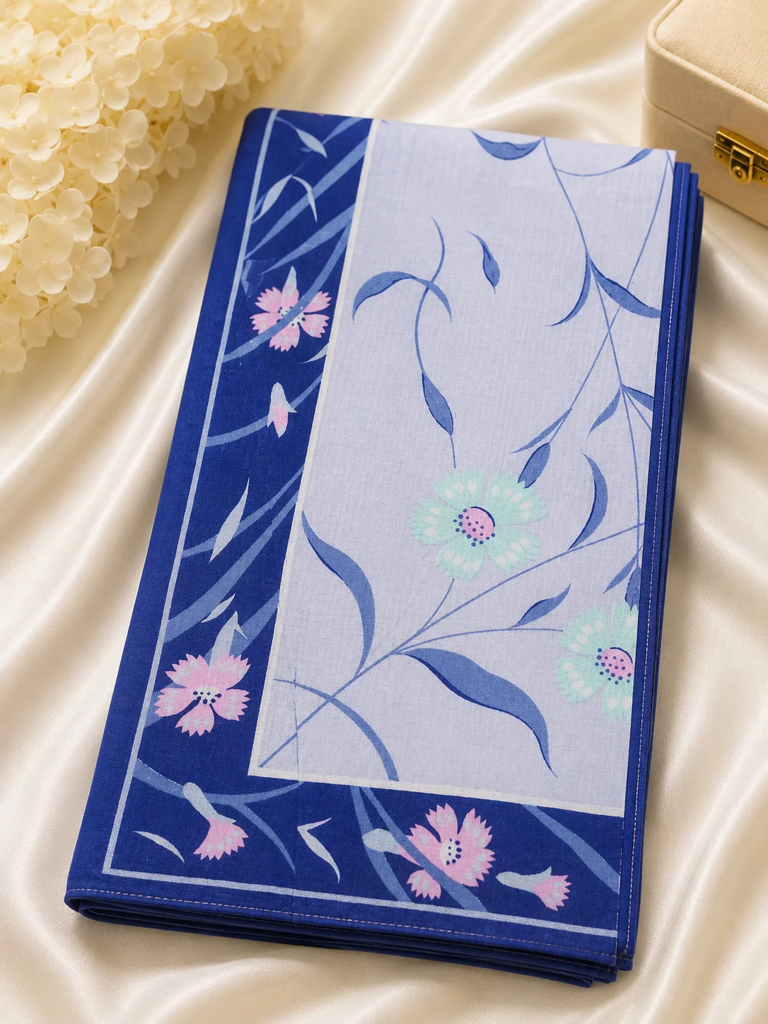 Elegant Blue Floral Printed Handkerchief.