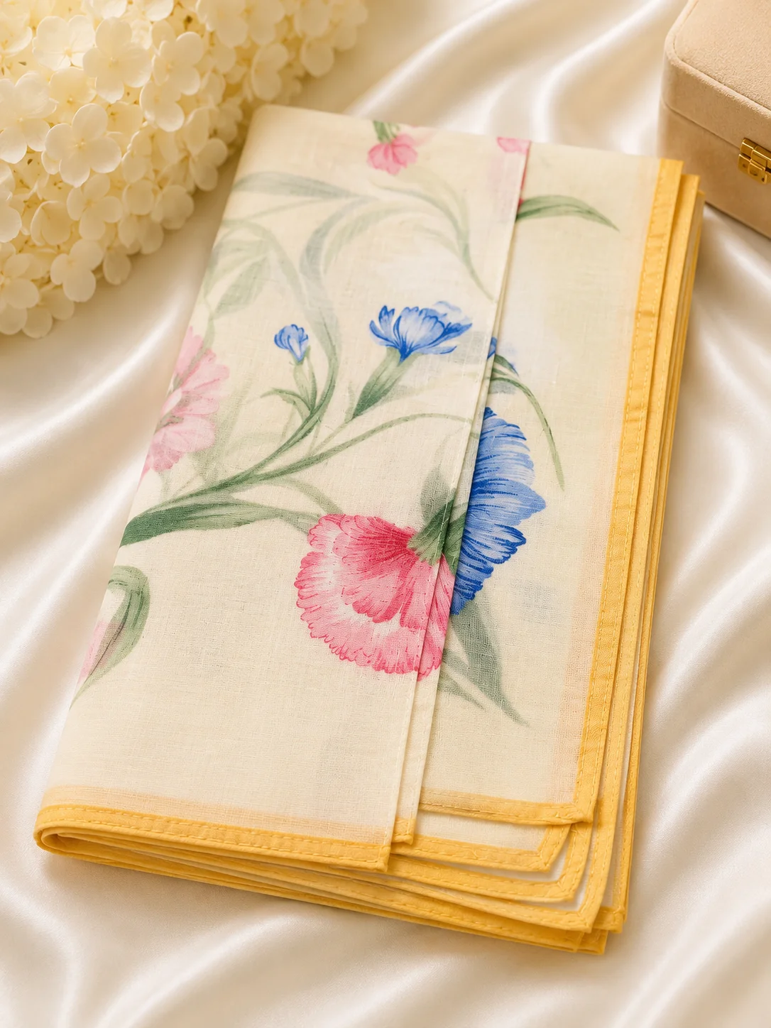 Elegant Multicolor Floral Printed Handkerchief with Yellow Border