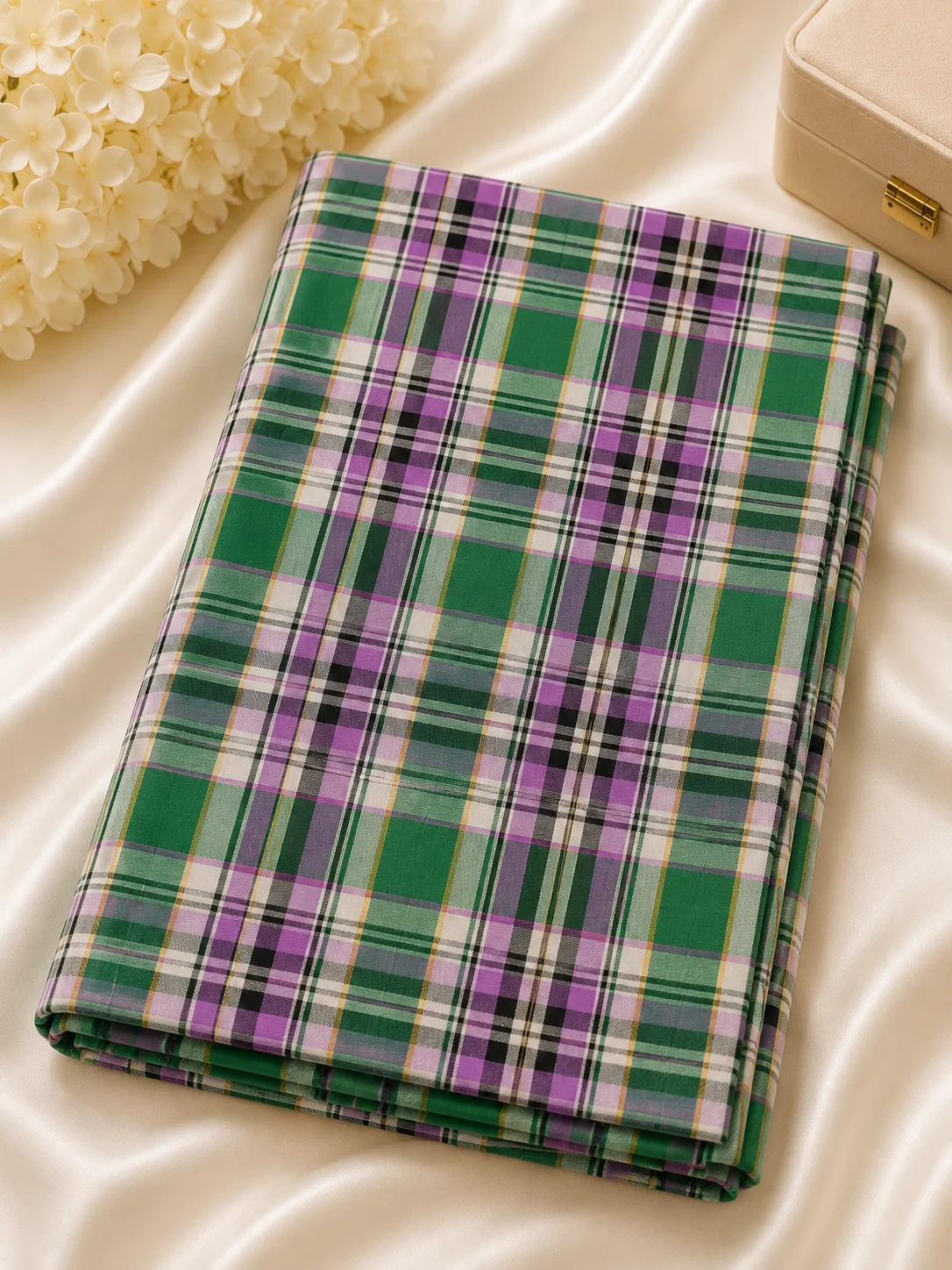 Stylish Green & Purple Check Printed Handkerchief