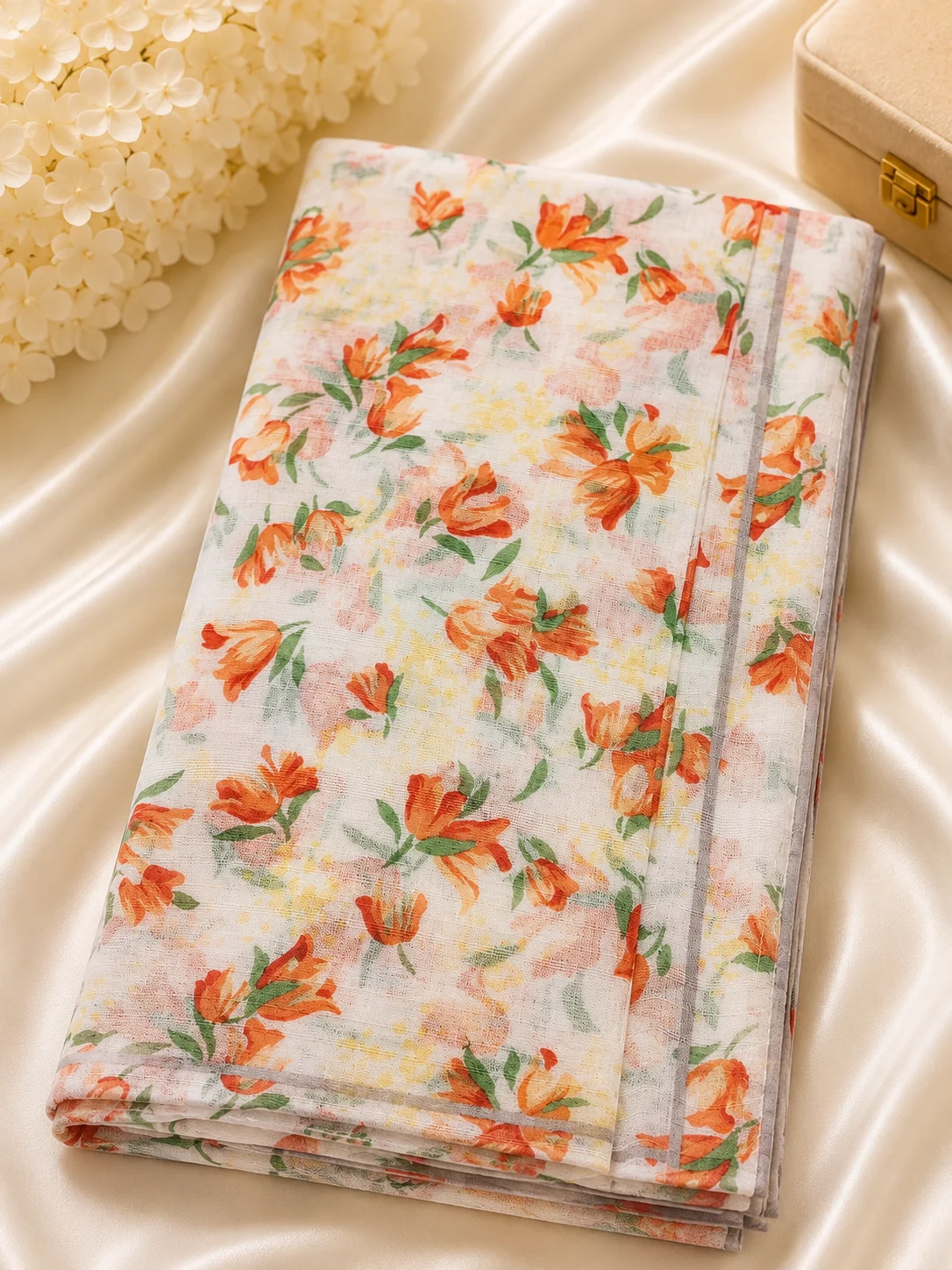 Elegant Orange Floral Printed Handkerchief