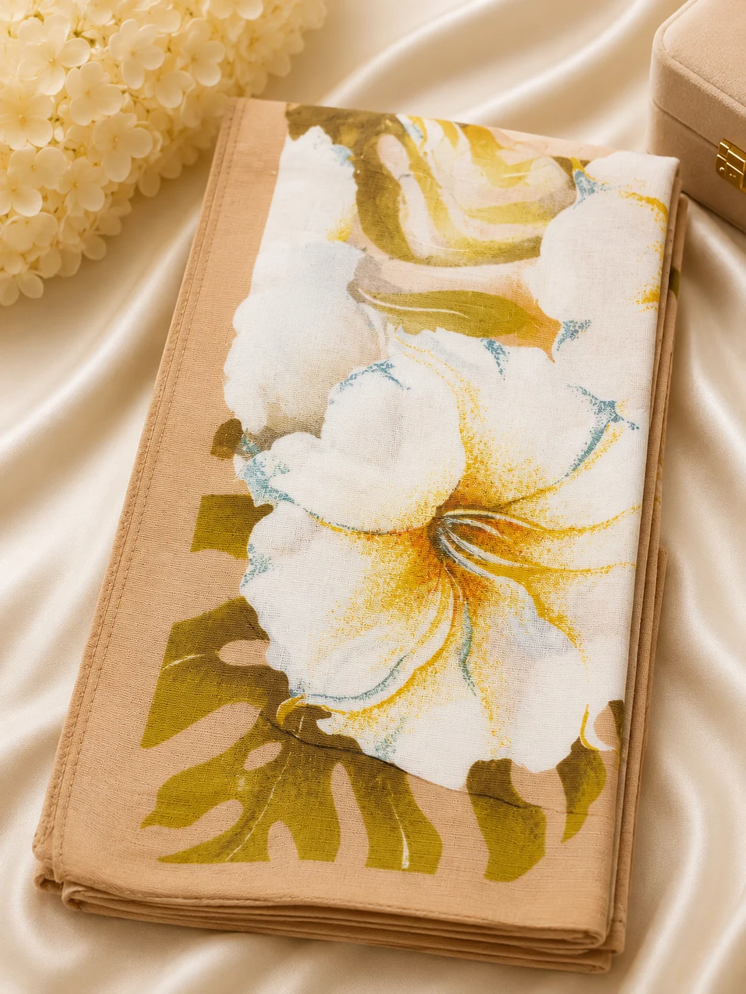 Elegant Beige Floral Printed Handkerchief