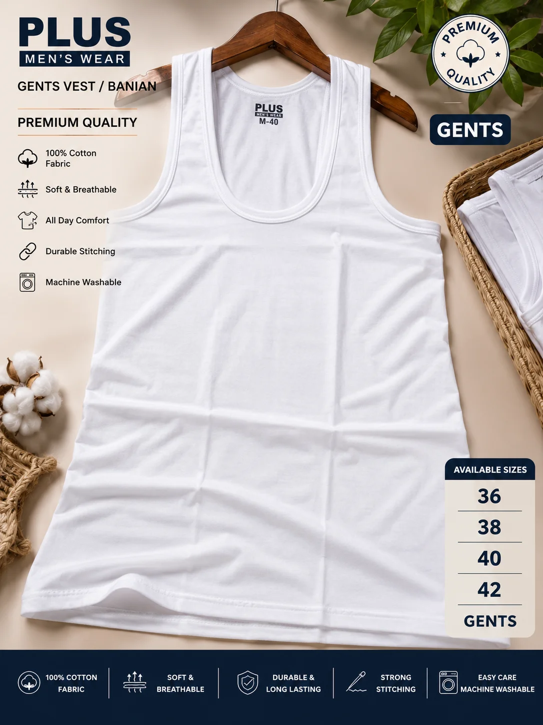 PLUS Men's Cotton Vest (Banian) – Premium Soft Sleeveless Undershirt | Sizes 36, 38, 40 & 42