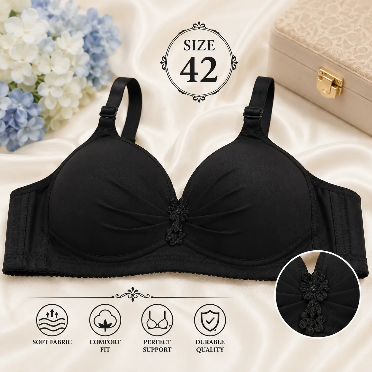 Women's Black Padded Bra – Size 42 | Soft Comfortable Everyday Wear