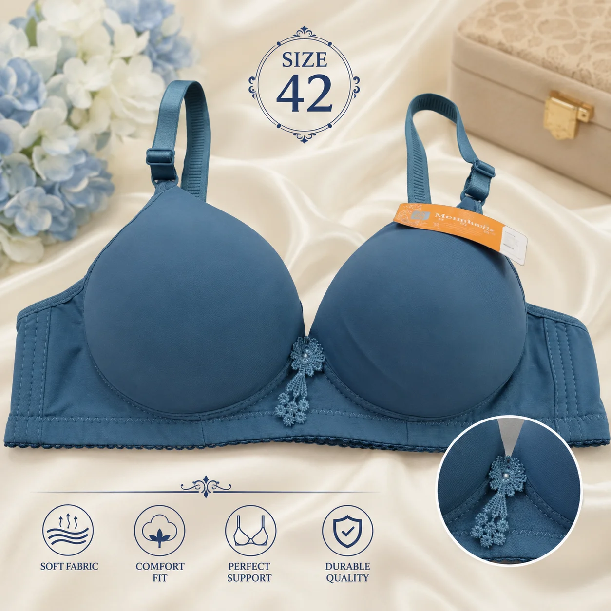 Women's Premium Blue Padded Bra – Size 42 | Soft Comfort Everyday Bra