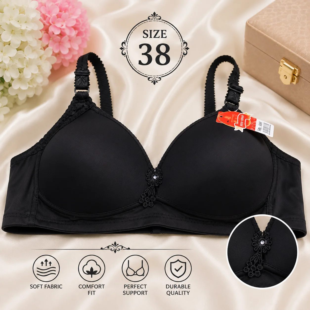 Women's Premium Padded Bra – Black & Red | Soft Comfortable Everyday Wear | Sizes 36 & 38 Available
