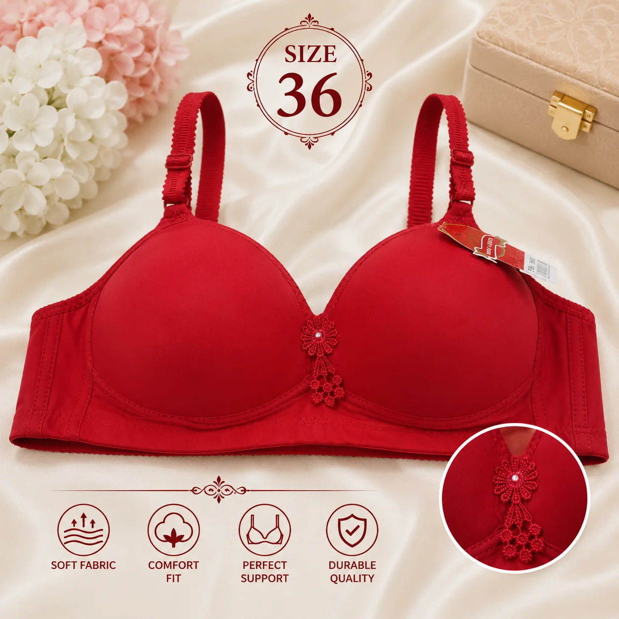 Women's Premium Padded Bra – Black & Red | Soft Comfortable Everyday Wear | Sizes 36 & 38 Available