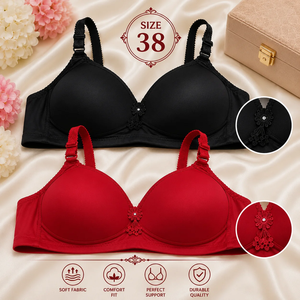 Women's Premium Padded Bra – Black & Red | Soft Comfortable Everyday Wear | Sizes 36 & 38 Available