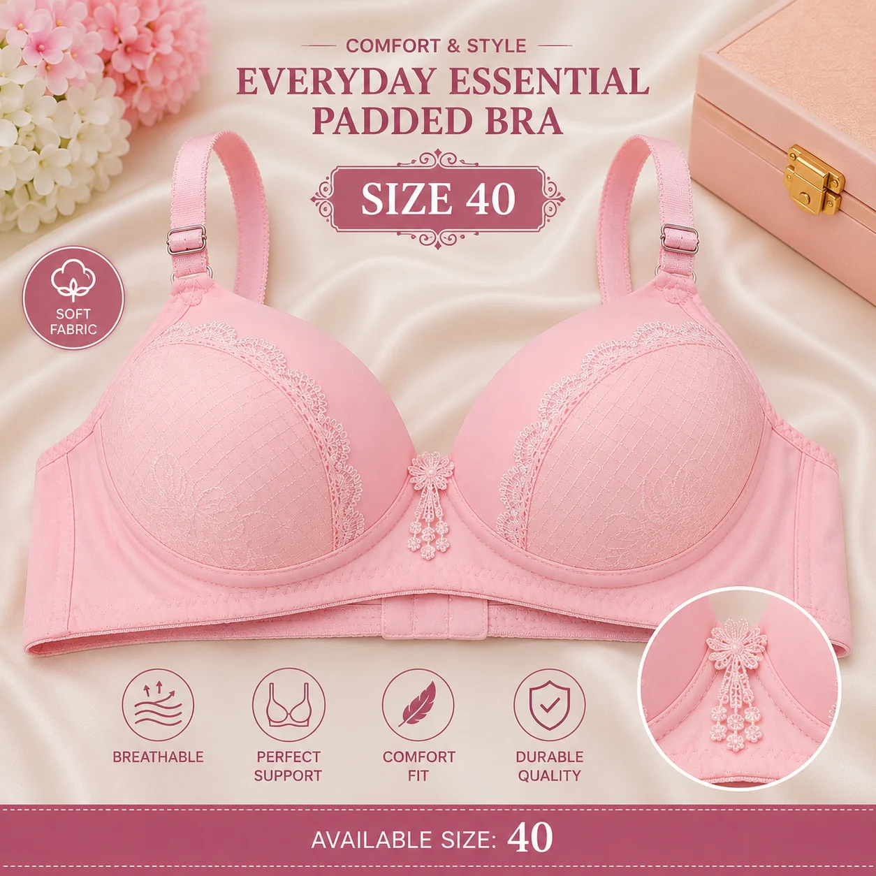 Women's Premium Pink Padded Bra – Soft Comfortable Everyday Wear | Sizes 40 & 42 Available