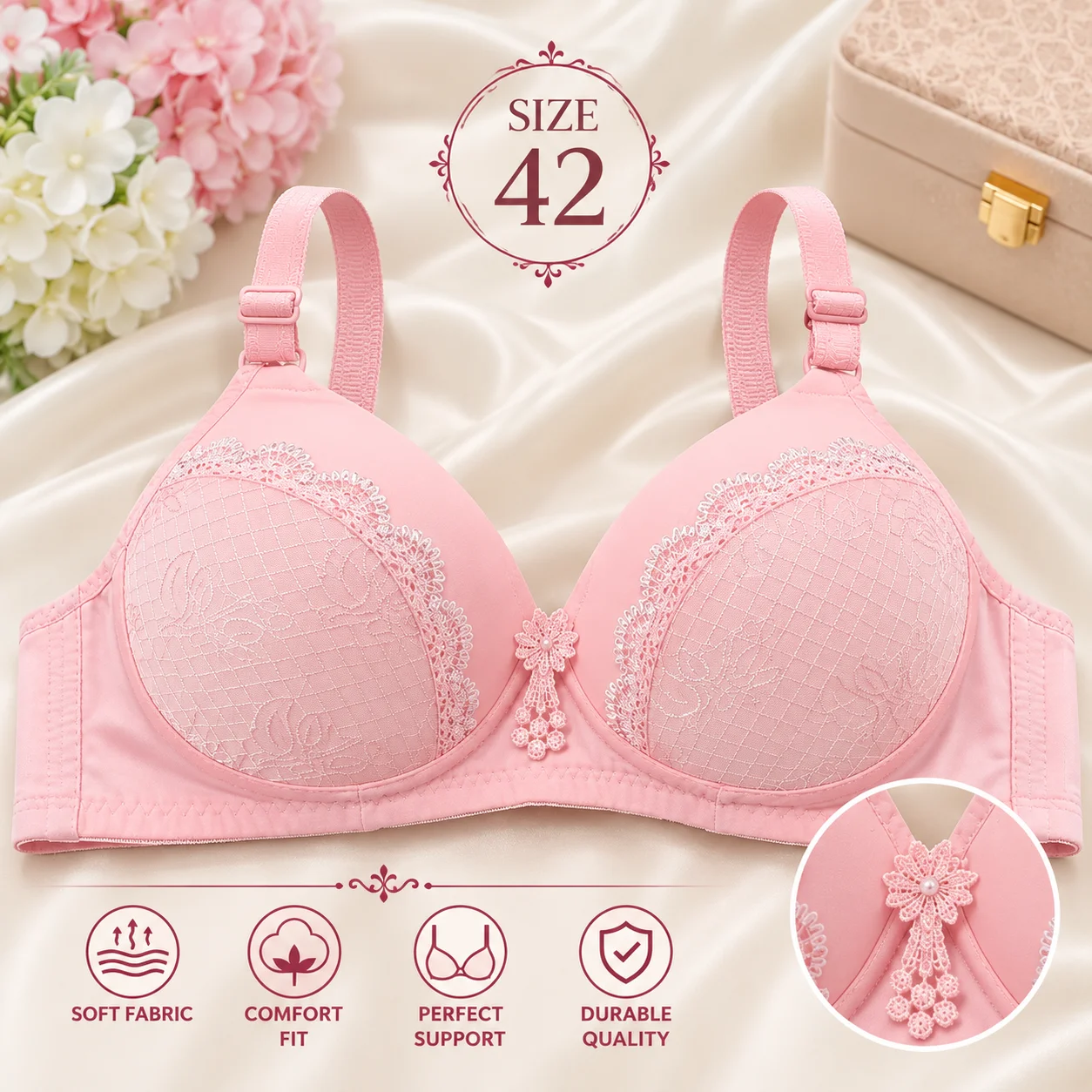 Women's Premium Pink Padded Bra – Soft Comfortable Everyday Wear | Sizes 40 & 42 Available