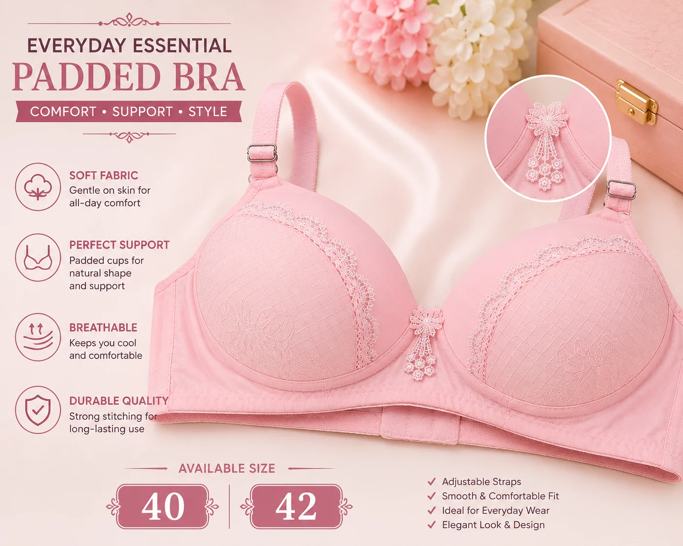 Women's Premium Pink Padded Bra – Soft Comfortable Everyday Wear | Sizes 40 & 42 Available