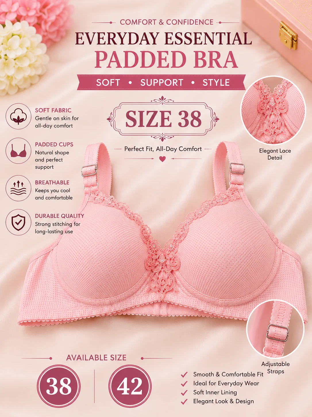 Women's Premium Pink Padded Bra – Soft Breathable Everyday Wear | Sizes 38 & 42 Available