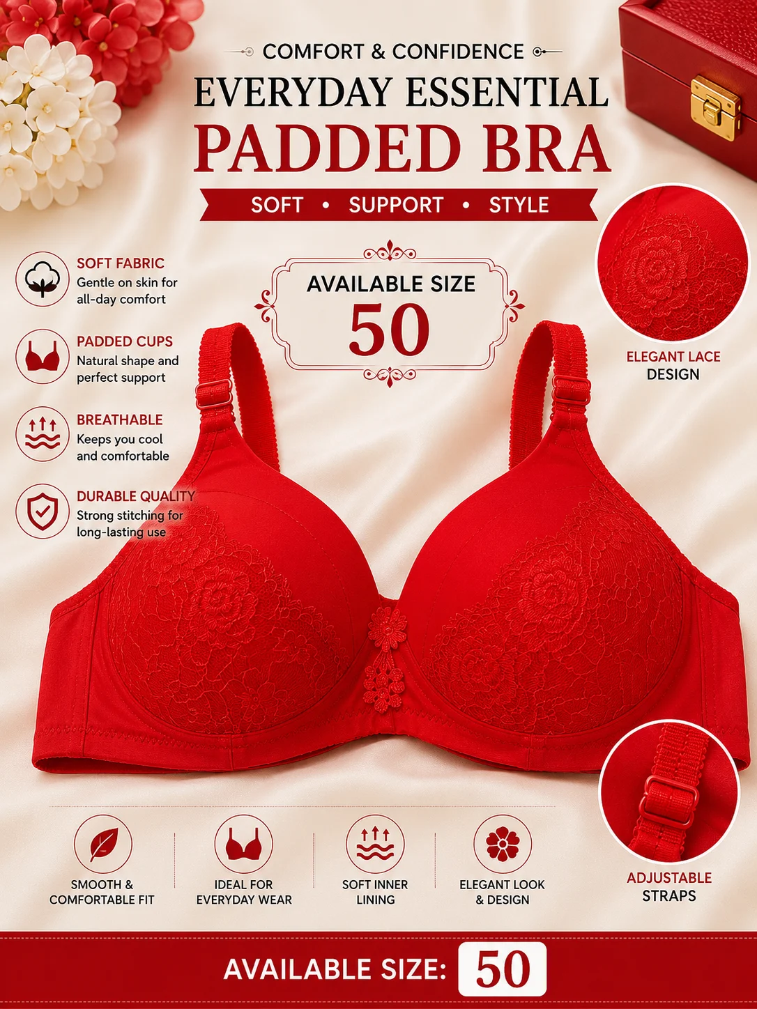 Women's Soft Padded Lace Bra – 2 Colors (Pink & Red) | Comfortable Everyday Wear