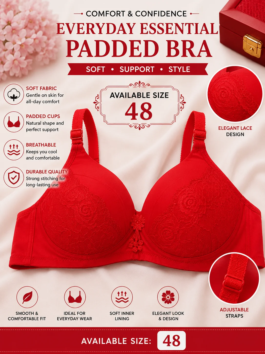 Women's Soft Padded Lace Bra – 2 Colors (Pink & Red) | Comfortable Everyday Wear