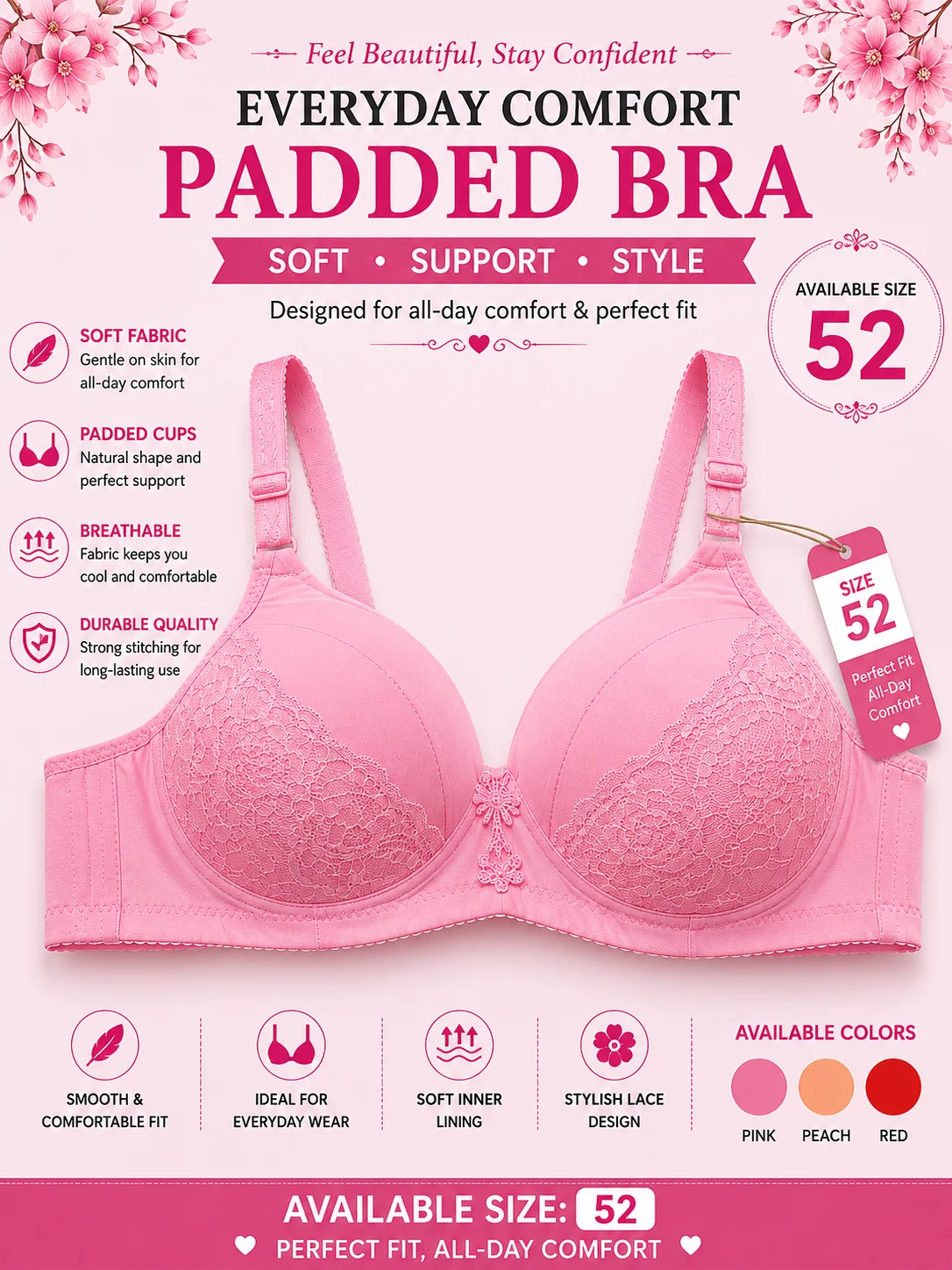 Women's Soft Padded Lace Bra – 2 Colors (Pink & Red) | Comfortable Everyday Wear