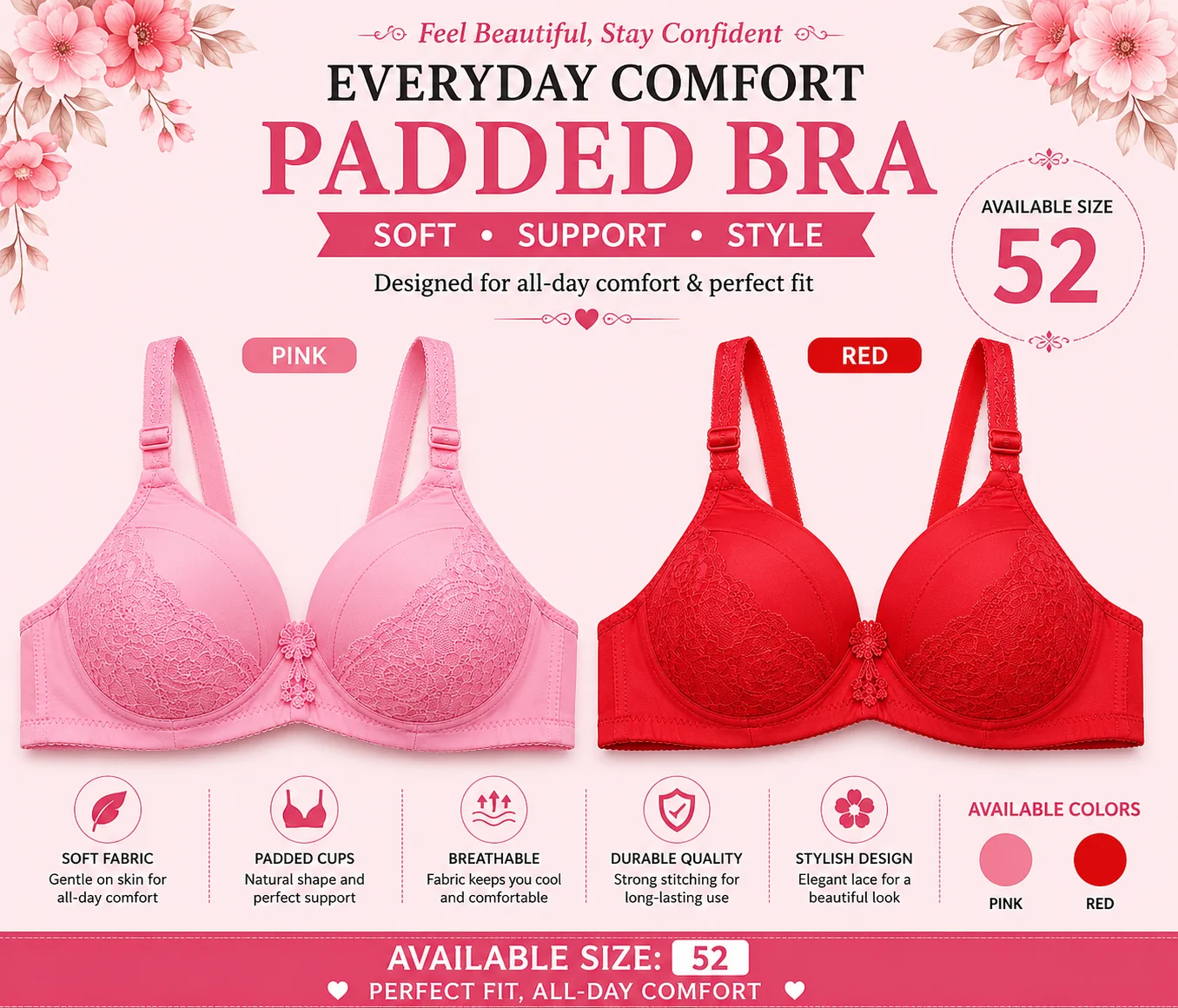 Women's Soft Padded Lace Bra – 2 Colors (Pink & Red) | Comfortable Everyday Wear