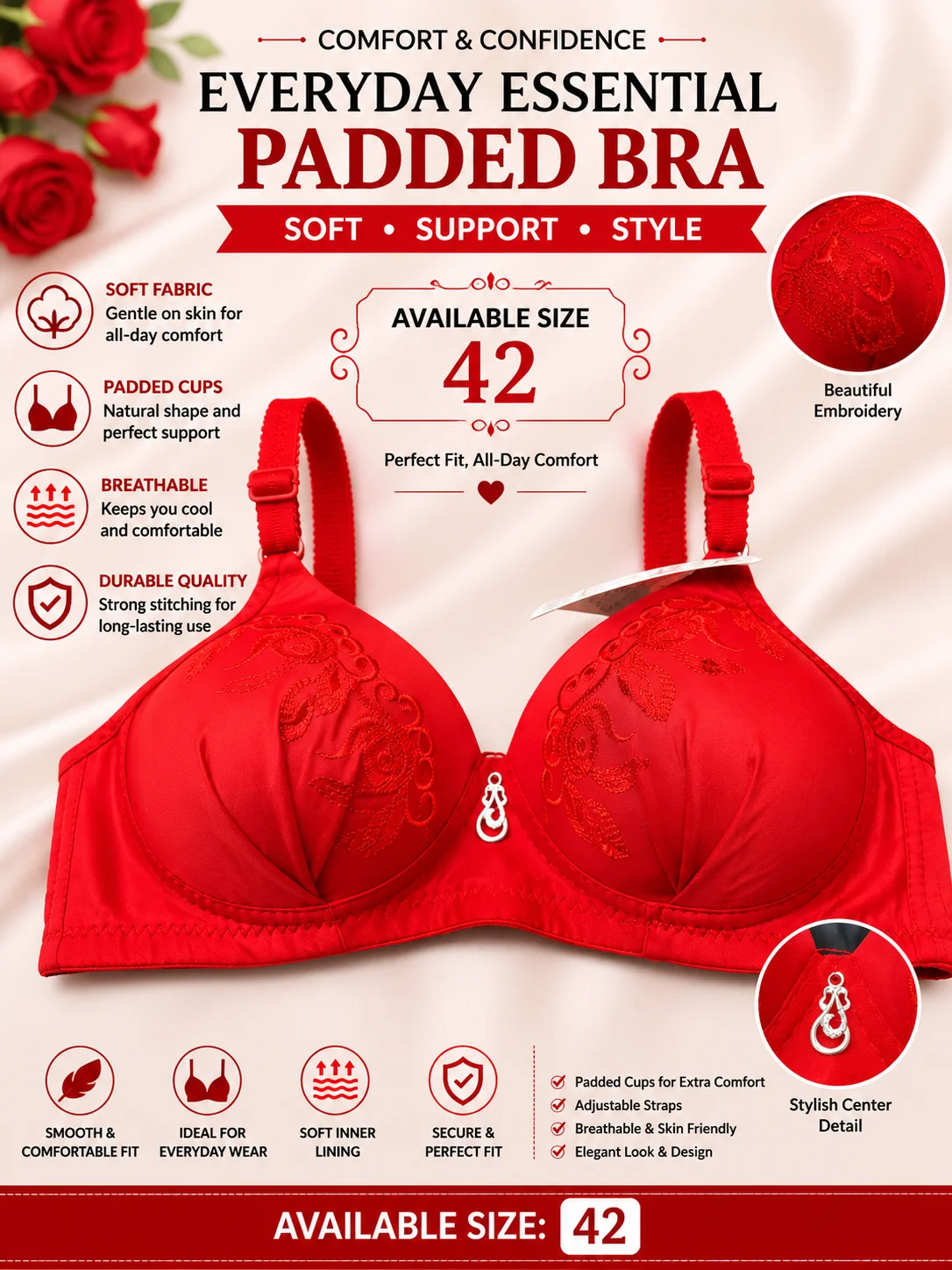Women's Premium Red Padded Bra – Soft Comfortable Everyday Wear | Size 42 Available