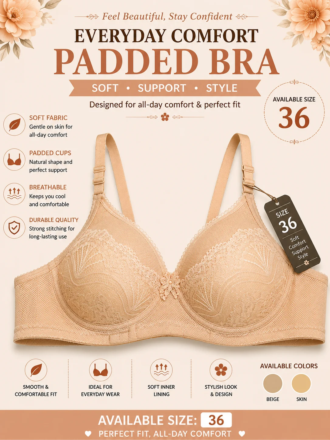 Women's Soft Padded Lace Bra – Everyday Comfort & Full Support (Sizes 36 & 42)