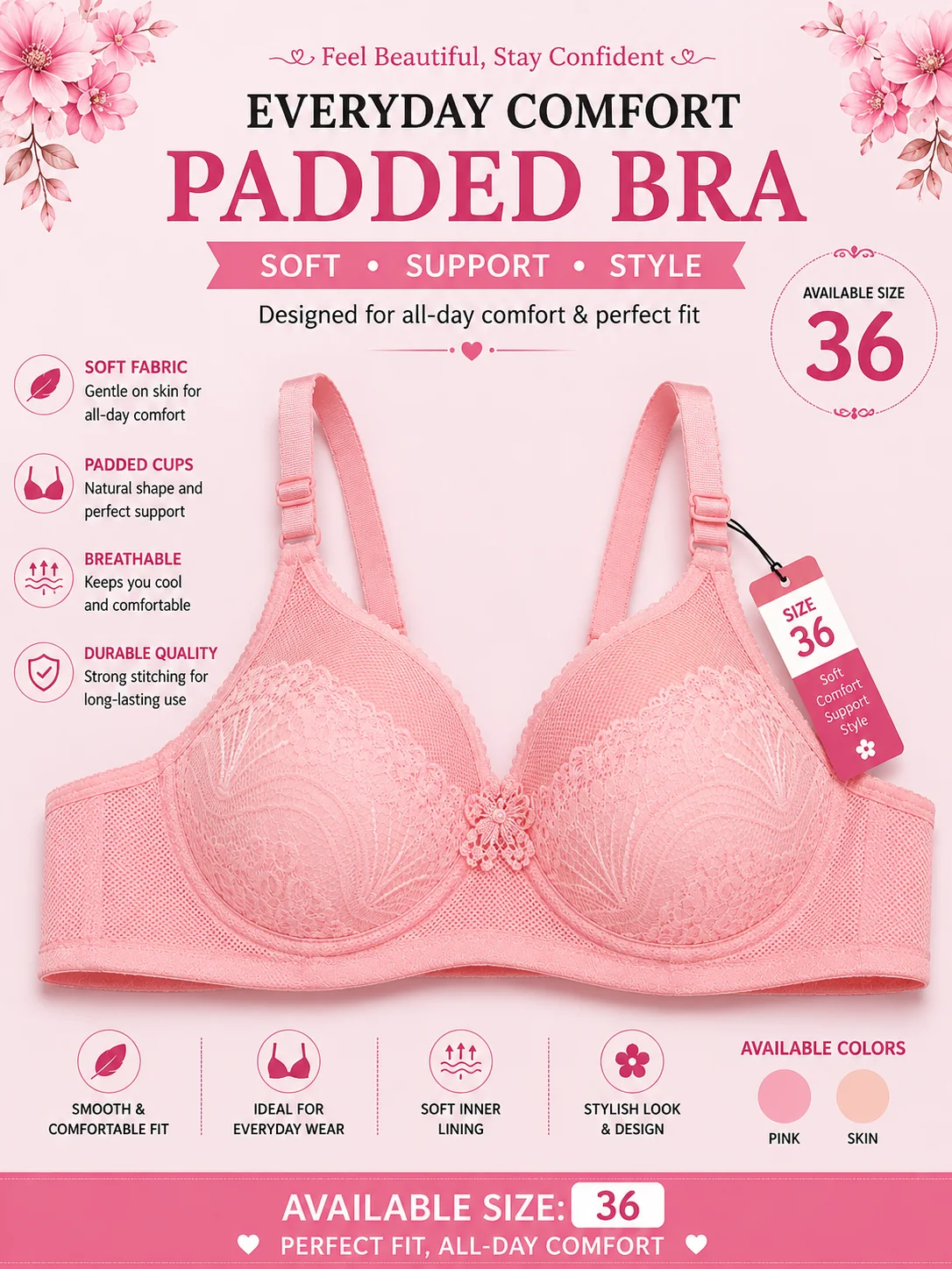 Women's Soft Padded Lace Bra – Everyday Comfort & Full Support (Sizes 36 & 42)